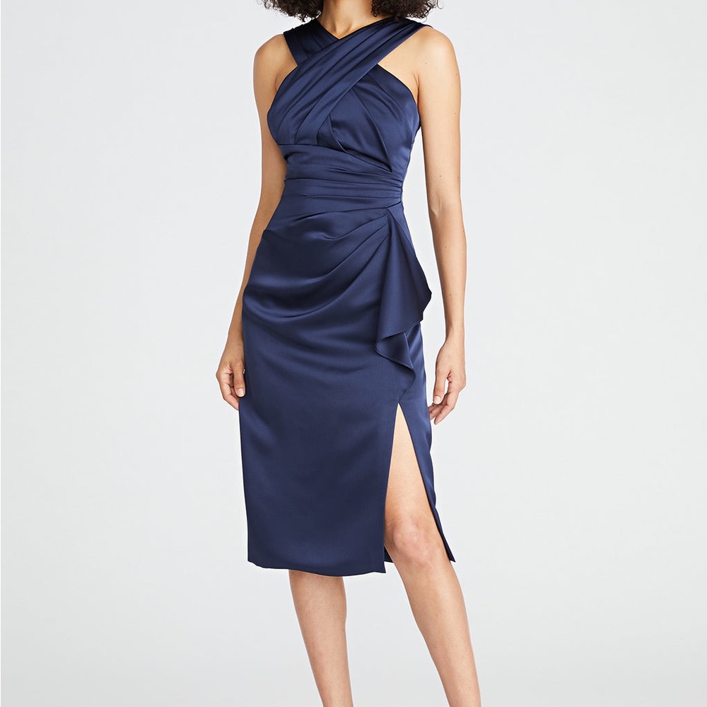 $595 NWT Theia “Tierra” Draped Satin Dress in Nautical Navy Sz 4